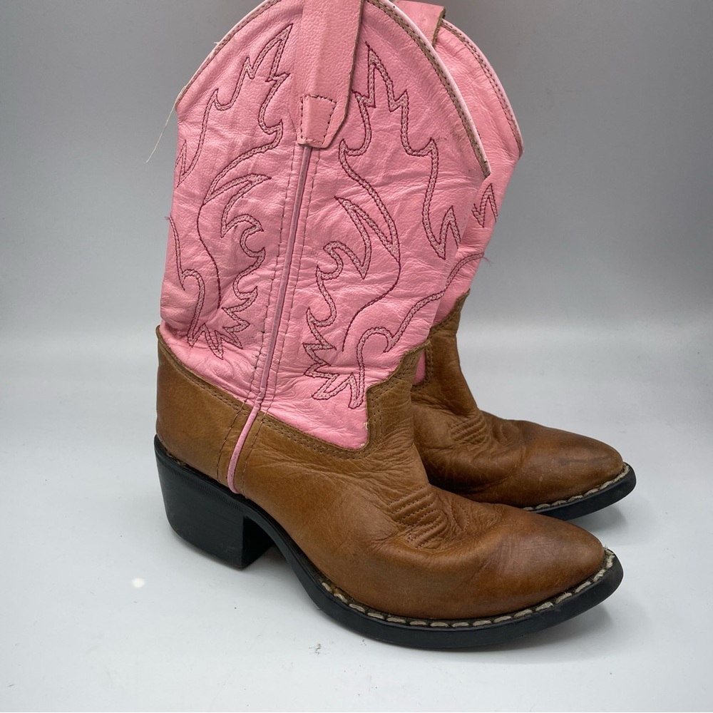 Old West Pink & Tan Leather Girls Cowboy Boots 110 10.5